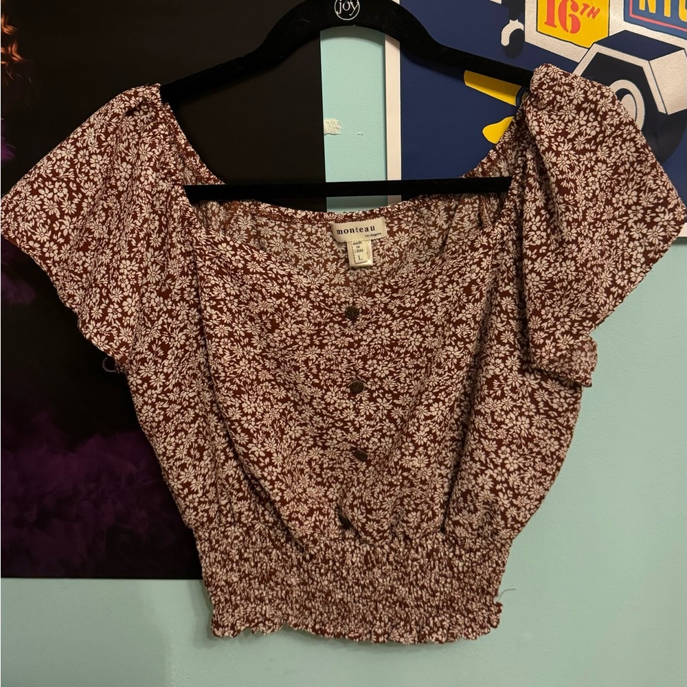 Brown and cream floral print blouse, #monteau #fall